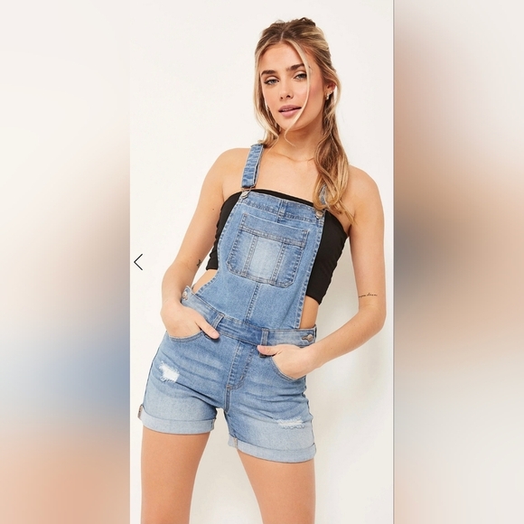 Ardene Blue Distressed Denim Overalls Relaxed Fit - Picture 1 of 8